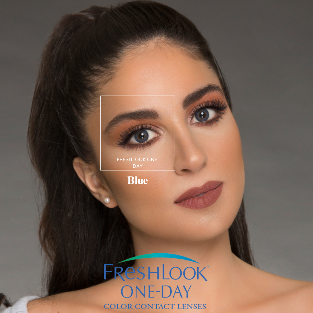 A close-up image of a person's eyes wearing the First Lens Alcon Freshlook OneDay Color Lenses in Hazel, showcasing the soft and natural color against the natural eye color.