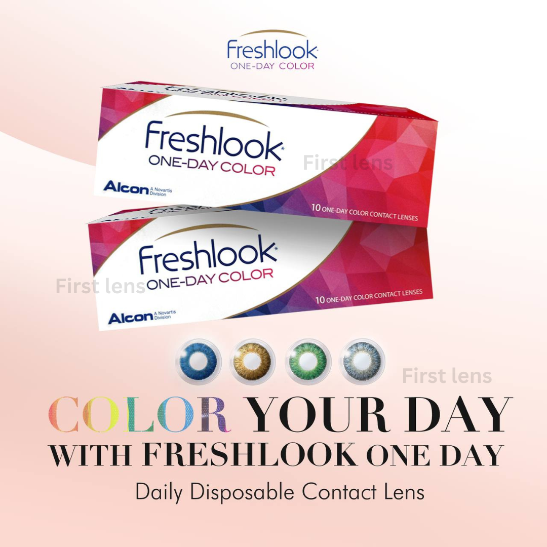 A close-up image of a person's eyes wearing the First Lens Alcon Freshlook OneDay Color Lenses in Blue, with the person smiling and looking off into the distance.
