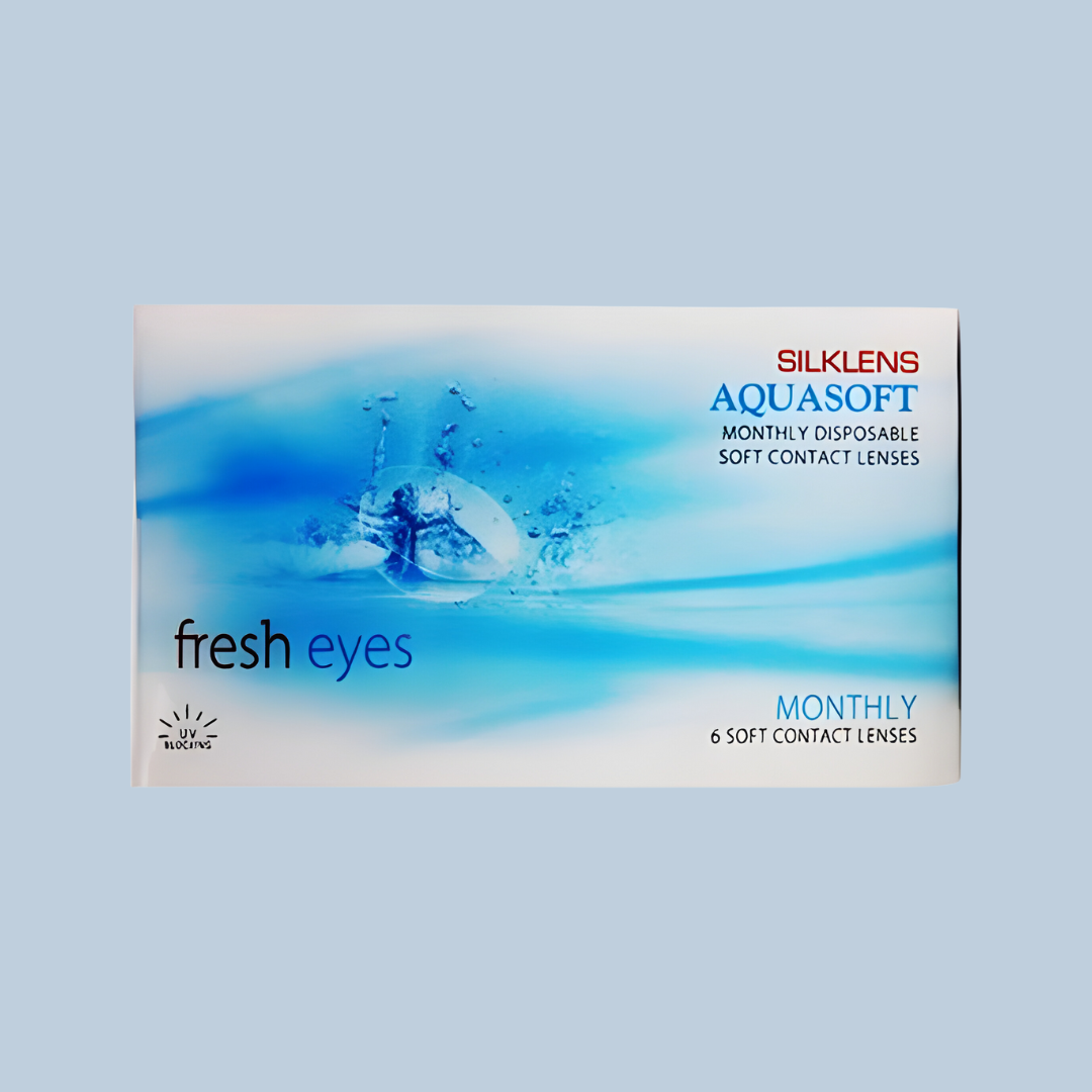 Two Silklens Aquasoft Fresh Eyes Monthly lenses floating in water, showing their soft texture.