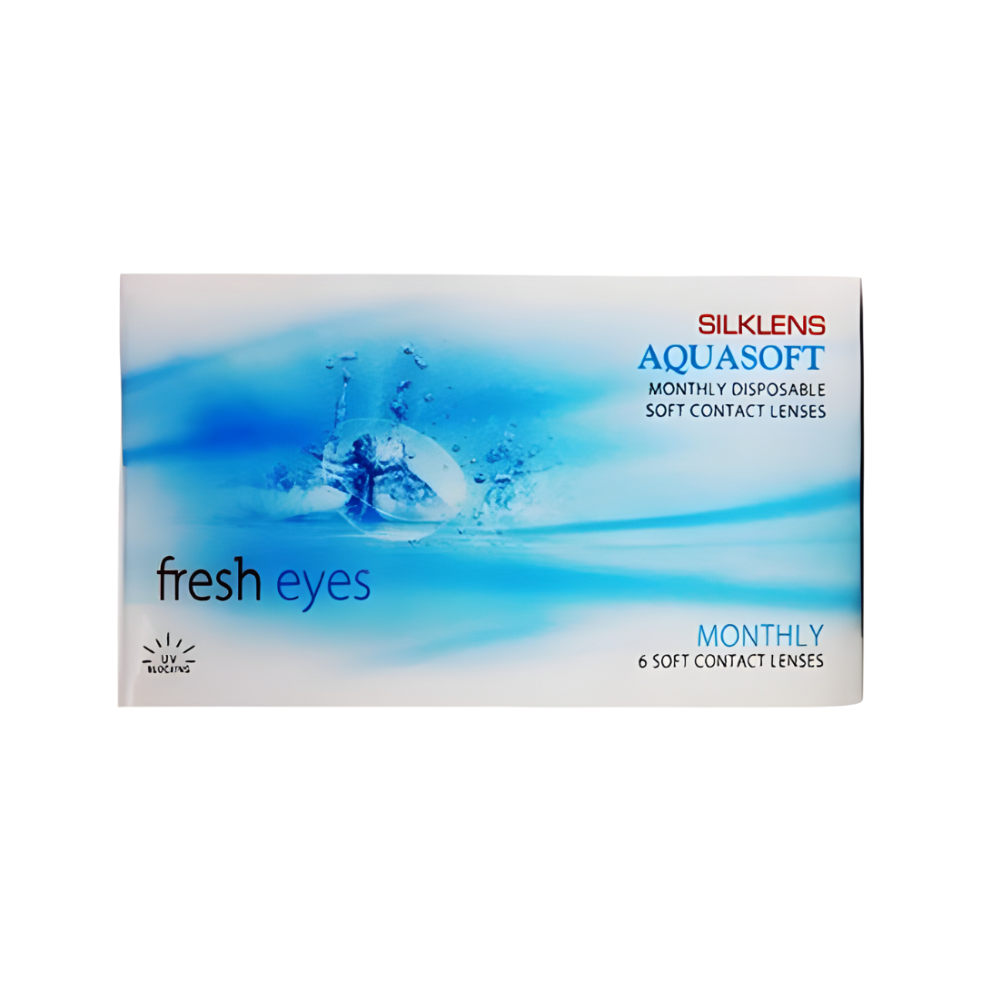 A person wearing First Lens Silklens Aquasoft Fresh Eyes Monthly lenses, their eyes looking refreshed and vibrant.