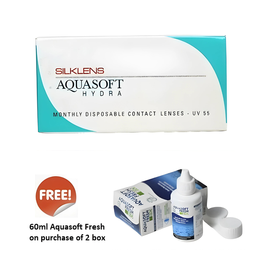 First Lens SilkLens Aquasoft Hydra Monthly box displayed against a backdrop of water droplets, highlighting its hydrating properties.