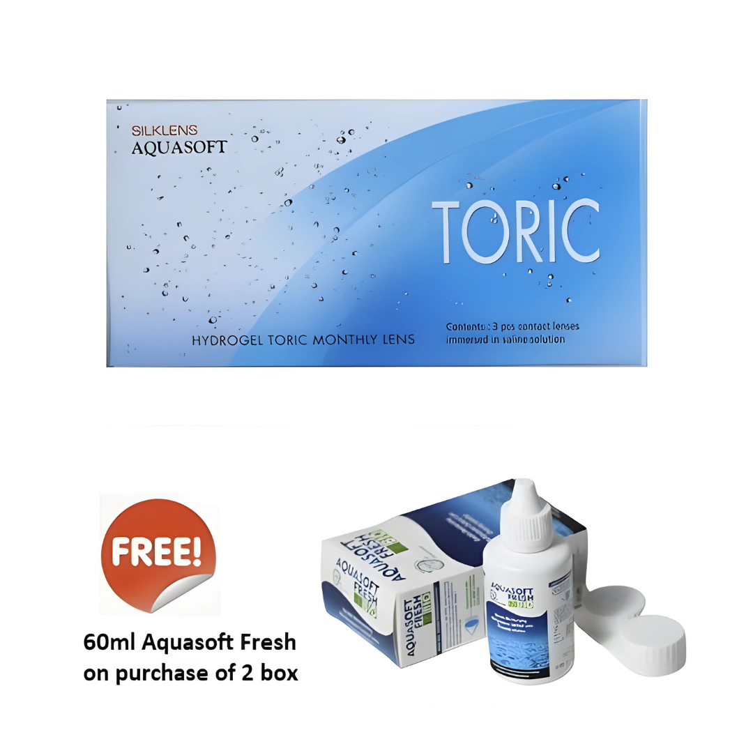 Silklens Aquasoft Silicone Toric Monthly contact lenses box with 3 lenses inside