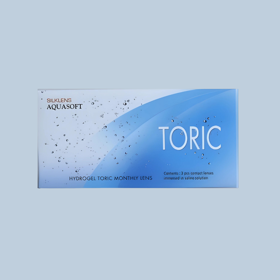 Close-up of Silklens Aquasoft Silicone Toric Monthly contact lens, designed for astigmatism correction